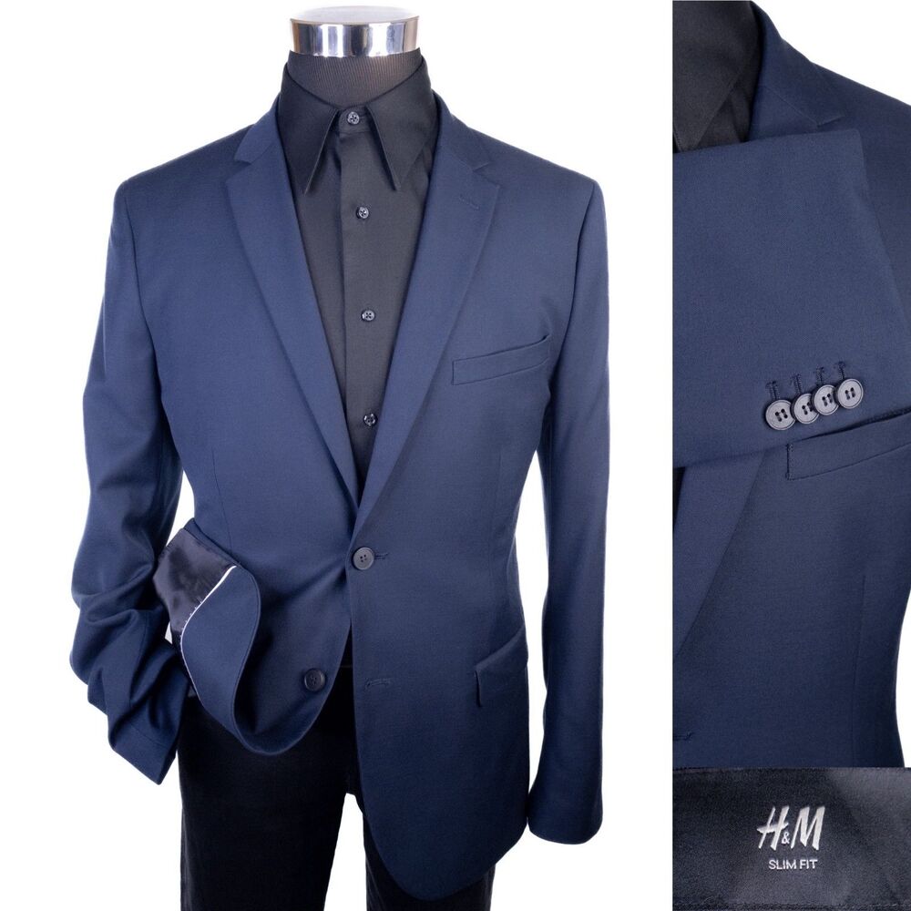 H&M Mens Blazer Sport Coat Two Button Casual Jacket Size 40R SLIM FIT BLUE